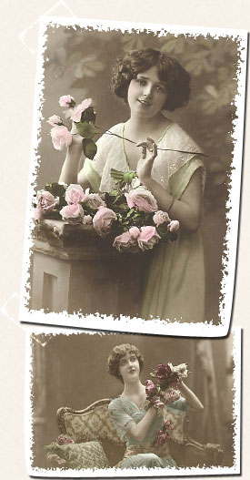 Two photographs of women with flowers